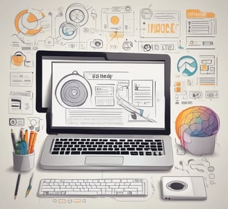 A laptop computer with a website displayed on the screen featuring the text 'Exceptional Web Application design & development'. The laptop is on a dark surface, and the website has a clean and modern design with a light background and colorful text elements.