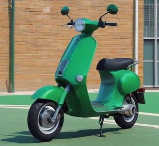 A green electric scooter is parked in front of dense green bushes. The scooter has black handles and a visible branding logo.