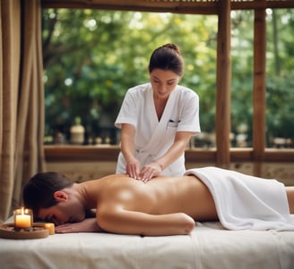 A variety of spa and skincare items are arranged aesthetically, including jars of cream, bars of soap, a glass jar filled with honey, and pink salt displayed in a small bowl. Dried herbs and smooth black stones enhance the natural and calming theme.