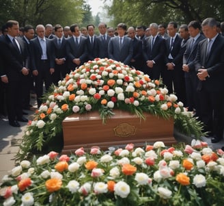 trauergäste beten vor einem sarg mit blumenschmuck