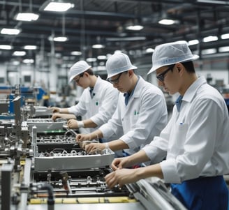 A machine is assembling or inspecting a circuit board. Various electronic components are visible, and the process seems to be automated with precision equipment.