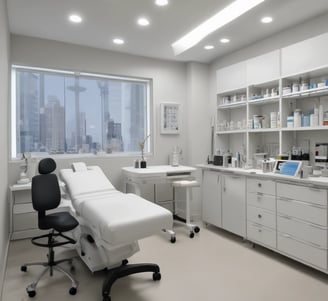 A gloved hand holds a syringe labeled 'WHITER IMAGE' containing a gel used for teeth whitening. The background shows a dental clinic setting with a dental chair and equipment.