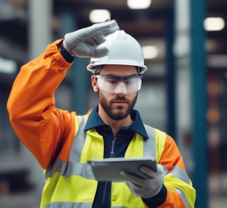 A person wearing a bright red industrial jacket with reflective stripes and a white safety helmet. They are holding a book titled 'Occupational Safety and Health Act' against a plain blue background. The person is smiling and the jacket has a logo on the chest.