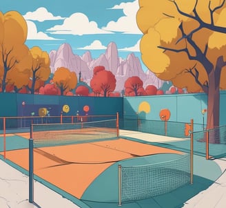 A set of table tennis paddles and a white ball are arranged on a reflective surface. The paddles are varied in design and have different colored rubber surfaces. In the background, there is a window showing a blurred view of an outdoor scene with palm trees and sky.