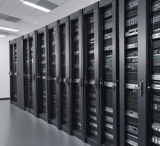 A digital rendering depicting a tall, metallic server rack positioned centrally on a platform. The server appears to have multiple blue-lit slots. Surrounding the rack, there are several stacks of cylindrical objects resembling databases or storage units, all set against a dark background.