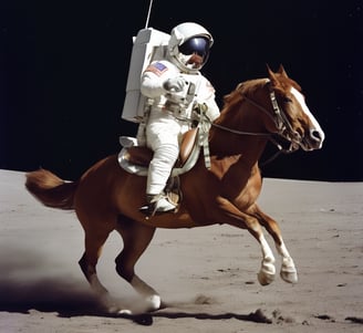 AI-generated image of an astronaut riding a brown horse on what appears to be the lunar surface