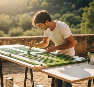 a man is painting a green planter
