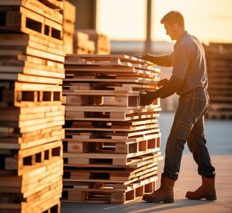 This image shows a worker handling wooden pallets in what appears to be an industrial or warehouse 