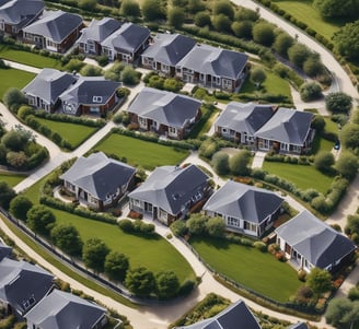 A development of houses with gardens on residential streets surrounded by fences and trees