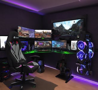 setup gaming avec écran gaming, des rgb, et des pc gaming