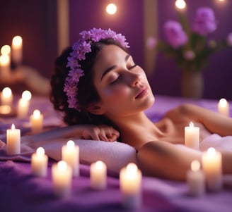 a woman in a spa with candles and candles