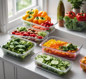 a variety of vegetables and fruits in containers