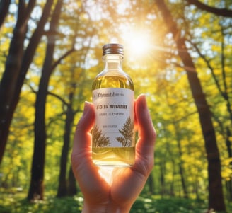 A hand holds a dark green bottle of dietary supplement gummies amidst bright green leaves. The bottle is labeled as 'AfterCoweed' and contains omega 3, 6, 9, and DHA advanced formula. The background features dense foliage.