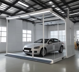A person is applying a spray finish to a long object in a contained spray booth. The environment appears industrial, with machinery and safety equipment visible. The lighting highlights the object being worked on, which is supported by a rolling metal frame.
