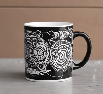 A white ceramic mug with a logo featuring a stylized figure is placed on a blanket of snow. The background shows blurred trees, indicating an outdoor setting with snow covering the ground.