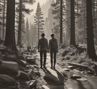 A black and white photograph capturing two hikers walking along a rocky path surrounded by tall trees in a dense forest. Both hikers carry backpacks and use trekking poles, creating a sense of adventure and exploration in a natural setting.