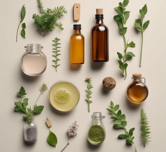 Diferentes plantas y frascos oscuros con remedios naturales caseros