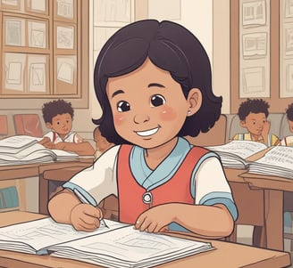 A person is holding a book titled 'College English Creative Communication' in front of their face, while making a peace sign gesture with their hand. The setting appears to be a classroom with wooden desks and several people in the background, slightly blurred.