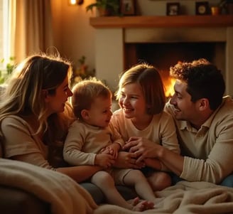 Família reunida em casa a desfrutar de um momento especial num ambiente acolhedor que fortalece a ligação familiar.