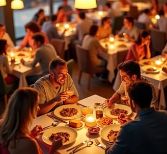 Pessoas a desfrutar de um jantar num restaurante acolhedor, destacando a experiência gastronómica e o bom ambiente.