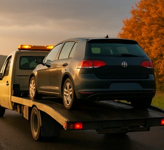 Towing Vehicle carrying a car suffered from sudden breakdown