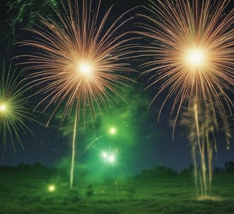 Fireworks display with bright sparks and smoke against a dark night sky. The explosion creates a pattern of cascading lights and vibrant colors.