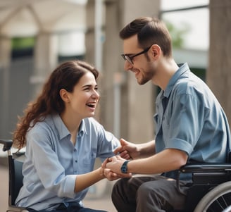 Several adults are gathered around a young girl, placing their hands gently on her shoulders in a supportive gesture. They seem to be outdoors, with trees and a small building visible in the background. The scene conveys a sense of care and community.