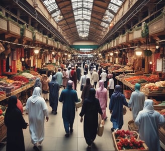 A bustling indoor market scene with many people engaged in buying and selling activities. There are stacks of packaged goods and containers around, and vendors are interacting with customers. The structure suggests a large warehouse with numbered sections on the pillars.