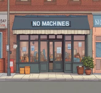 A rustic wooden building houses a laundromat with signs for wash, dry, and fold services. The signage prominently features red and blue text. Red cloth pieces are attached to antennas on the roof. The contrast between the blue sky, white clouds, and green foliage creates a quaint atmosphere.