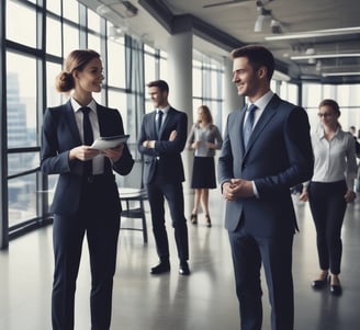 A close-up of a luminous, stylized logo resembling a circular knot with a gradient blue background, prominently displayed on a screen. Behind it, the word 'OpenAI' is visible, illuminated against a dark backdrop.