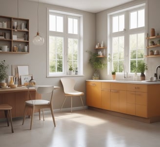 A minimalist composition featuring eco-friendly cleaning products arranged on a textured beige fabric. There's a bottle with a pump dispenser, a small packet, and two paper bags with lavender and mint green labels. The background is softly lit, creating a calm atmosphere.