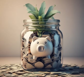 A hand holding a smartphone in front of a wooden background. The phone screen displays a financial investment application with the text 'The smartest thing to do with your money'. Below it, there are illustrations of stacked coins and a call-to-action button labeled 'Start investing'.