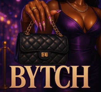 a woman in a purple dress holding a purse
