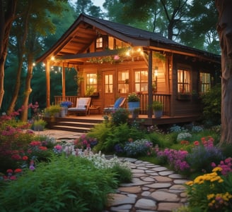 A cozy wooden garden house adorned with colorful flowering plants and string lights, surrounded by lush green trees and bushes. The setting creates a serene and welcoming outdoor space, with garden furniture indicating a place to relax and enjoy nature.