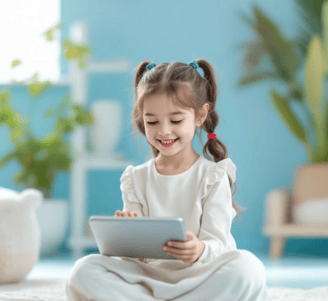 a little girl sitting on a rug learning with a tablet