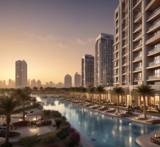 A nighttime cityscape featuring a tall illuminated skyscraper with the words 'THE DUBAI MALL' displayed on it. Surrounding buildings are adorned with bright lights, reflecting off a large body of water in the foreground. A prominent water fountain is visible, adding a dynamic element to the scene.