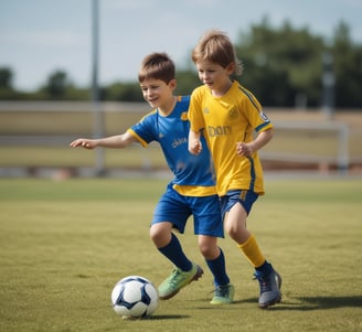 A young soccer player in blue uniform is actively kicking a yellow and black soccer ball on a grassy field. In the background, several children and adults are watching, with cars and tents nearby.