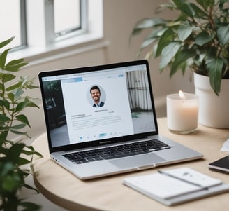 A laptop displaying a LinkedIn profile page is placed on a light-colored surface. To the left of the laptop, there is a white candle in a glass holder and a green plant in a white textured pot.