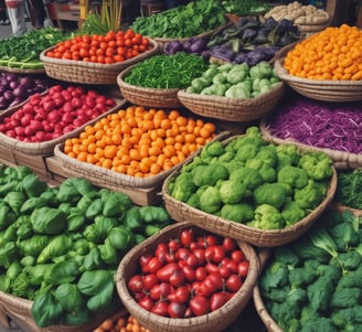 A vibrant market stall displays an assortment of fresh vegetables and packaged food items. Tomatoes, cucumbers, eggplants, and chillies are neatly arranged on blue trays. Various leafy greens and bundled herbs are piled in front, alongside packaged corn. The colorful produce is set against a rustic wooden table.