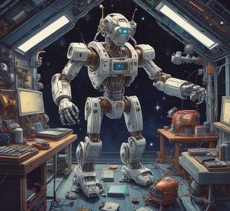 A small, white humanoid robot with blue accents, including eyes, mouth, and a circular badge with the letters 'AI' on its chest, is positioned in front of a blue laptop on a metallic surface. The robot has a simple, smooth design with two cylindrical arms and a small antenna on top.