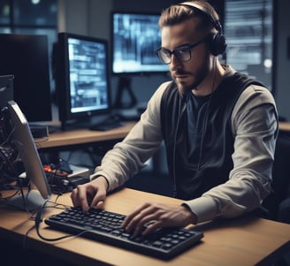 A modern desk setup featuring a camera lens, a tablet displaying an interface with app icons, a pair of earbuds in an open charging case, and a book titled 'Wireless and Mobile Device Security' on a shelf below.