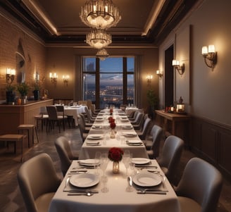 A luxurious dining room setting featuring elegantly arranged tables with white tablecloths, gold-colored chairs, and neatly placed tableware. The background showcases a grand fireplace with an ornate clock and large classical paintings adorning the walls.