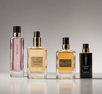 An elegantly arranged display of luxury fragrance items, featuring a large bottle of perfume with a black cap, a matching rectangular box, and a smaller box. The items are adorned with a golden chain draped artfully around them, set against a contrasting background with a patch of black fabric.