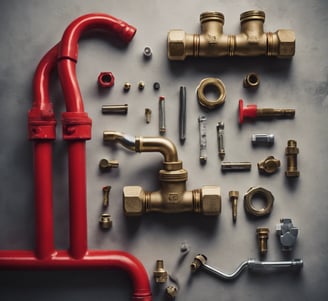 A collection of plumbing fittings and components is arranged on a surface. Notable items include a brass valve with a red handle, a couple of elbow joints, and a rolled-up white hose. In the background, a red and black ladder can be seen along with some metal poles against a concrete wall.