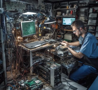 a man wearing a blindfold working on a circuit board