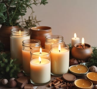 Four scented candles in jars are arranged in a row on a wooden table. Each jar is labeled with a different fragrance, including Fresh Mahogany, Sweet Pumpkin Pie, Amber, and Cedar And Saffron. The background features a wicker sofa and a brick wall.