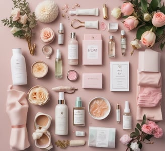 A selection of grooming products arranged on a cloth-covered surface. Included are bottles of various sizes and colors, a wristwatch, and a small potted cactus. The bottles feature a minimalist design, mostly in black and dark hues, and are accompanied by a scented candle.