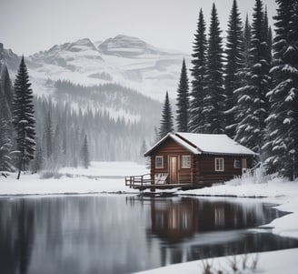 A scenic rural landscape featuring traditional wooden buildings, green fields, and a lake in the background. The architecture of the buildings reflects a rustic style. Trees are scattered throughout the area, adding to the serene and natural atmosphere.