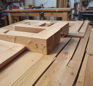 A woodworking shop with stacks of cut wooden boards organized on a surface. In the foreground, a uniquely shaped carved wooden piece stands upright. Behind, multiple planks of varying sizes are stored horizontally on racks.