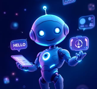 Robot amigable con tablet y hologramas, dando la bienvenida a un entorno de inteligencia artificial.